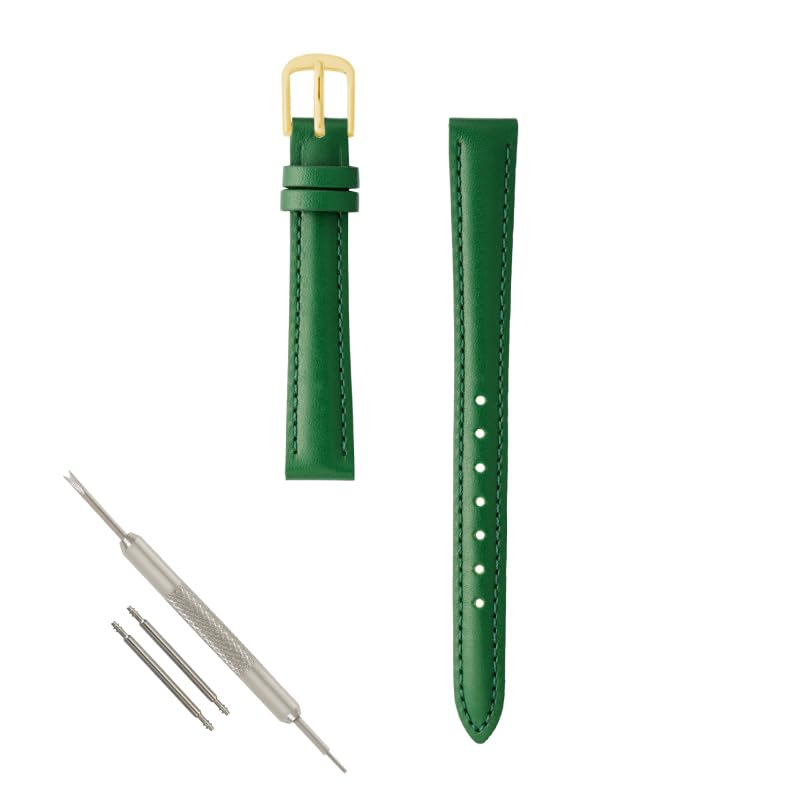 

BAMBI Cowhide Watch Gold Replacement Strap, 8mm, 10mm, 12mm, 14mm, 16mm, 18mm, 20mm, Green, Buckle, Strap, BCE050MP-G