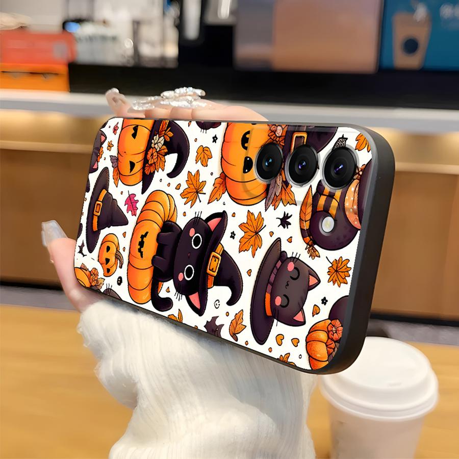 Case for Samsung Galaxy S20 S25 Edge S21 FE S24 Plus S23 Ultra Black Soft Phone Cover Pumpkin Cat
