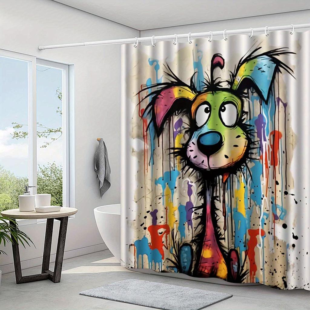 Süßer Bunter Hund Duschvorhang Abstrakte Gemalte Hunde Kunst Graffiti Stil Haustierliebhaber Dekor Wasserdichtes Gewebe Duschvorhang Set Zuhause