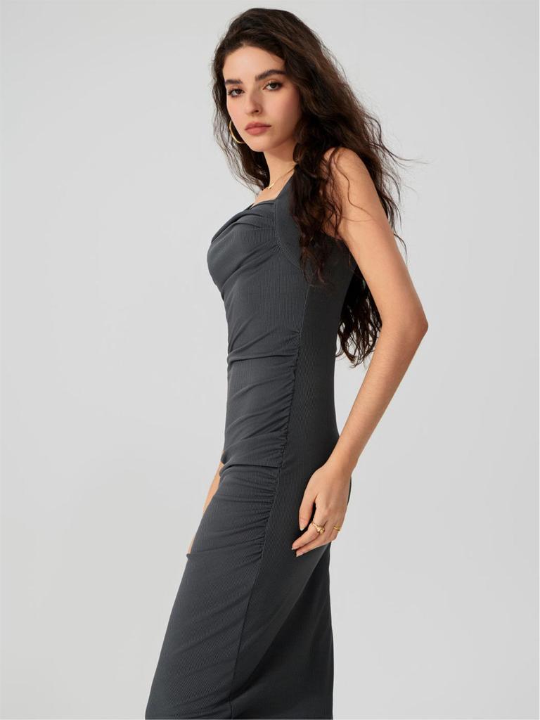 2024 Elegant European & American Ribbed Knitted Pleated Waist Slimming Long Dress