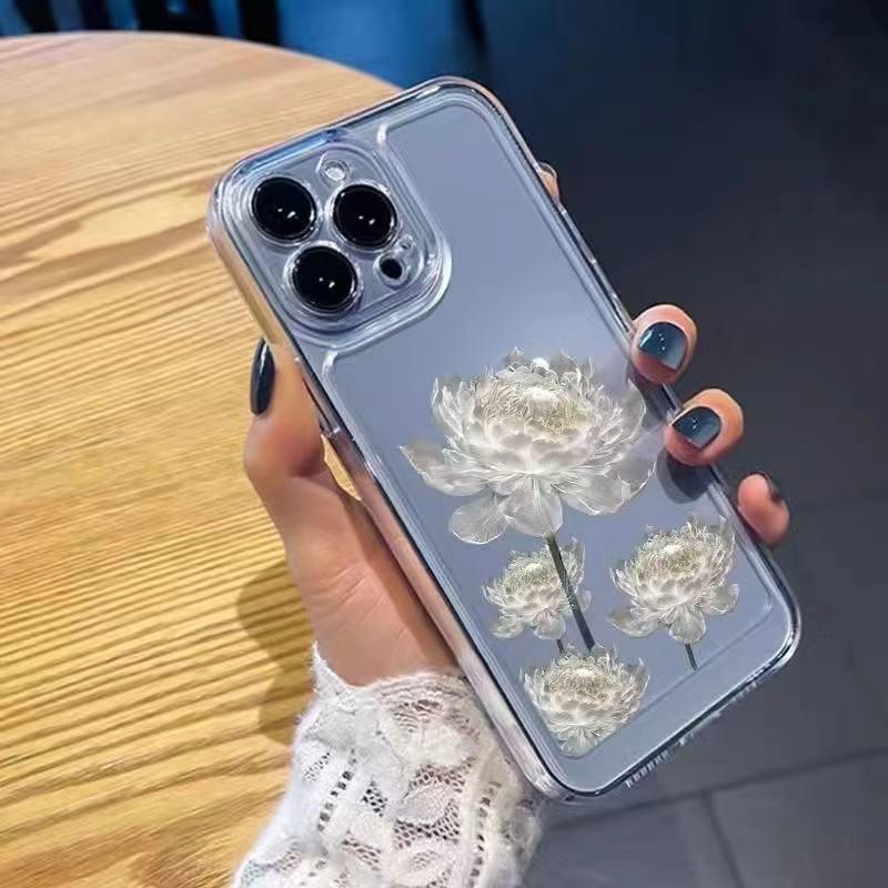 White Lotus Anti-Drop Silicone Phone Case for iPhone 17/16 Pro Max/15/14/13/XR - Fresh Apple Design, Full Coverage