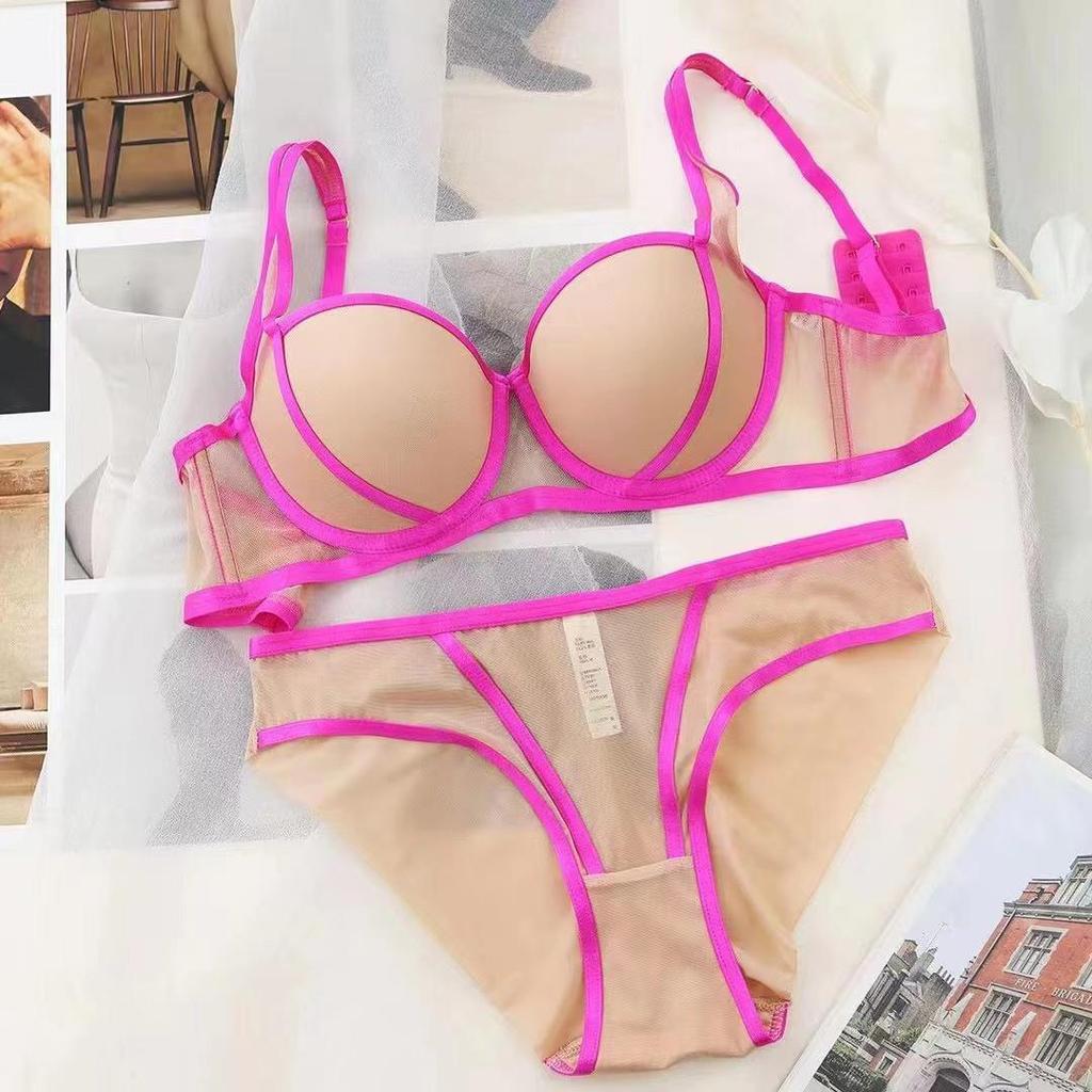 European & American Sexy Push-Up Bra Set with Glossy Contrast Straps