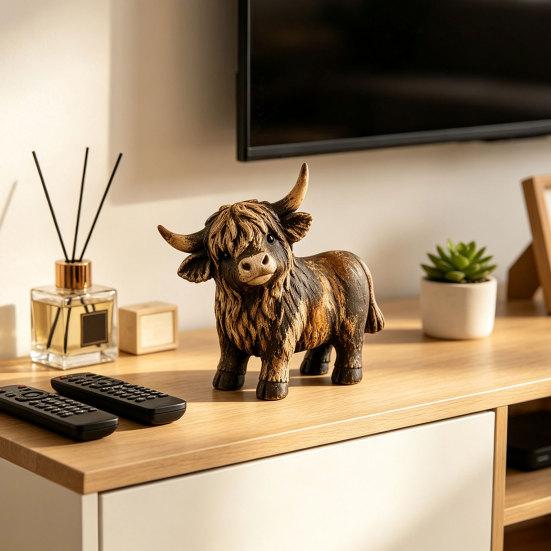 Warm Rustic Interior Ornaments Farmhouse Highland Cow Figurine, Resin Scottish Bull Statue, Durable Sculpture for Office Tabletop Ornament,