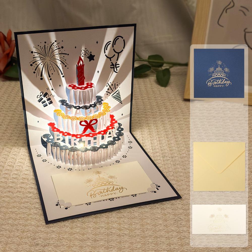 Alles Gute zum Geburtstag 3D Musik Leuchtende Karten mit Umschlag Musik Licht Leuchtender Kuchen Grußkarte Faltbare Pop-Up Geburtstagskarten
