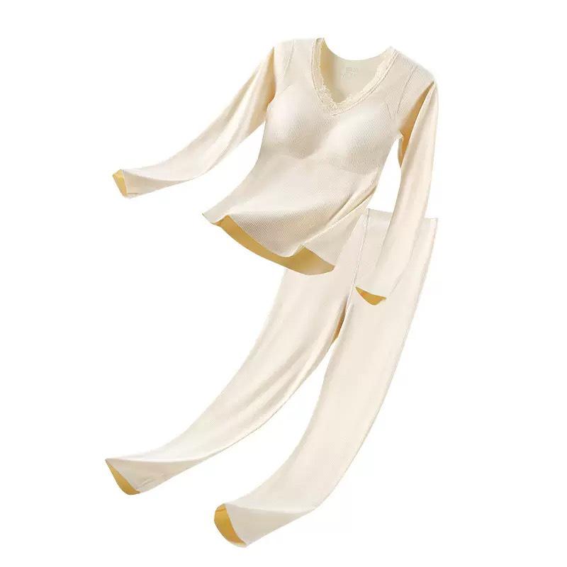 Women's Cashmere Silk Lace Seamless Thermal Set with Chest Pads: Slimming Base Layer for Autumn/Winter