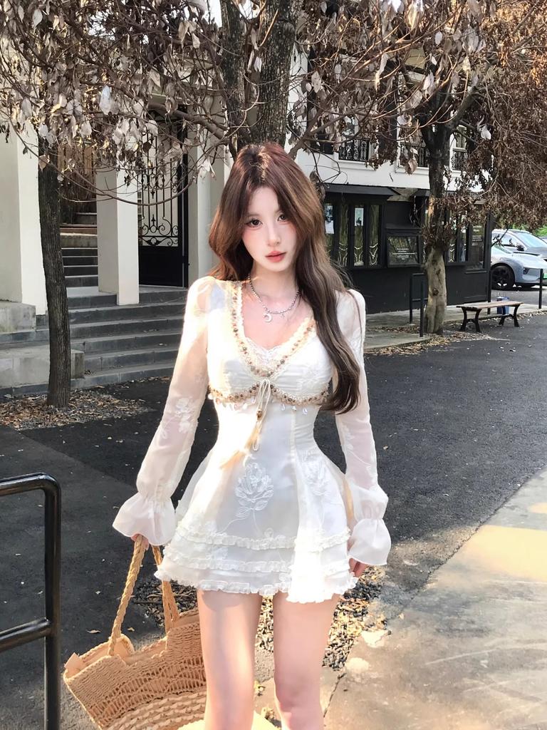Double suit, middle invisible zipper, pure desire design embroidery dress, women's autumn long-sleeved waist skirt