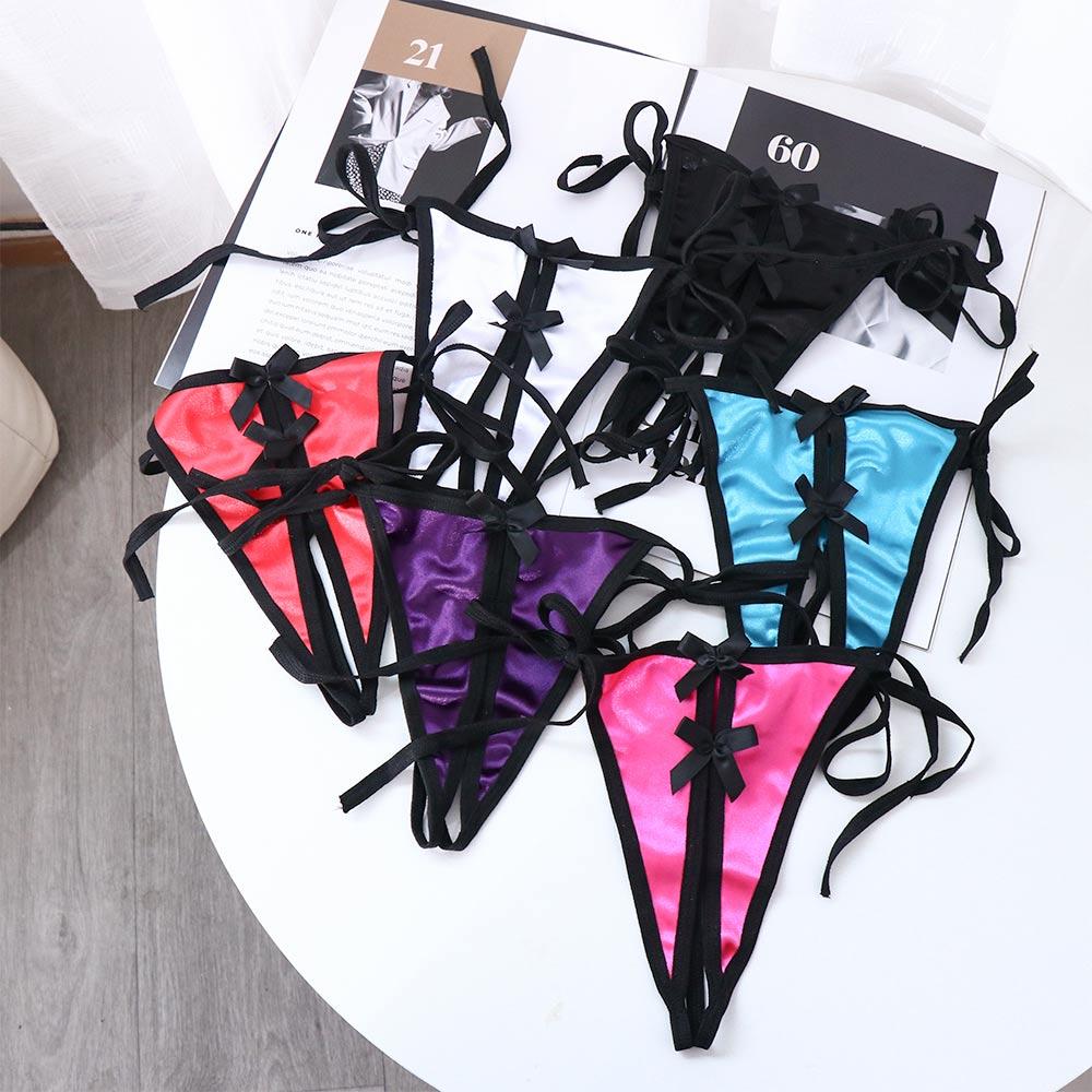 Transparent Bow Thin Belt Satin Bandage Open Crotch T-Pants Women Panties Sex Thongs Underwear