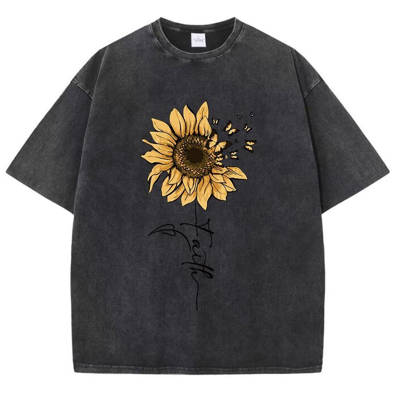 Sonnenblumen- und Schmetterlings-T-Shirt aus gewaschener Baumwolle für Damen, bedruckt, Oberteile, Sommer, O-Ausschnitt, übergroße T-Shirts, Vintage-Kleidung für schwarze Frauen
