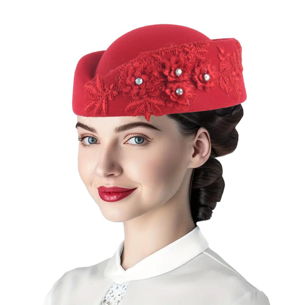 Felt Turban Hat Vintage Rhinestone Flower Church Beret Hats Women Stewardess Party Cosplay Cap Costume Accessory