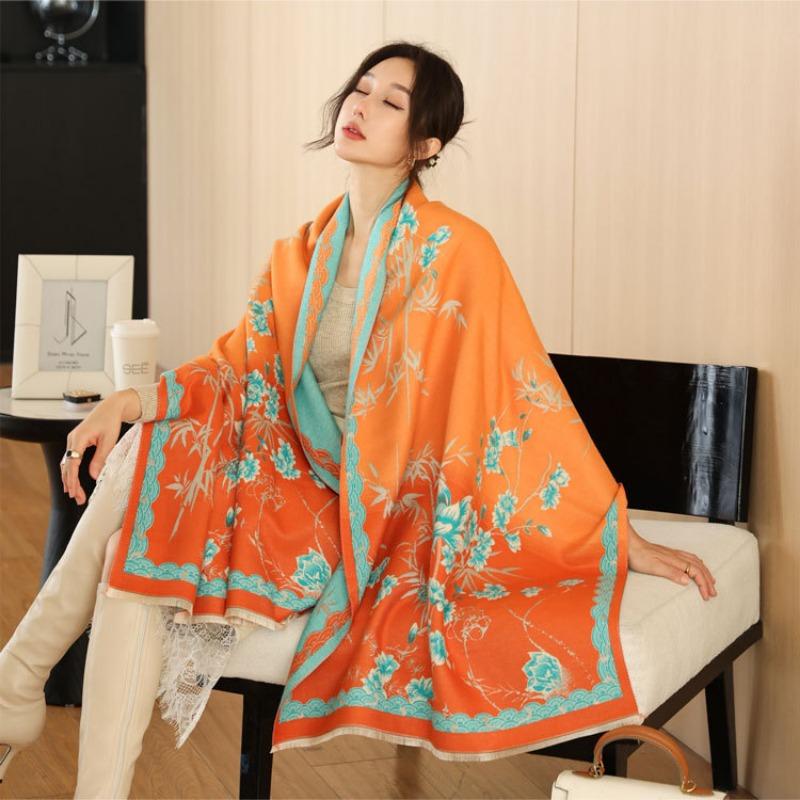 Literary imitation cashmere scarf women's autumn and winter new bamboo field flower jacquard shawl versatile simple warm scarf