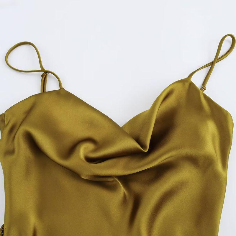 Kaslead New Women clothes Western Style Fashion With Belt Silk Satin Texture Dress 2303331