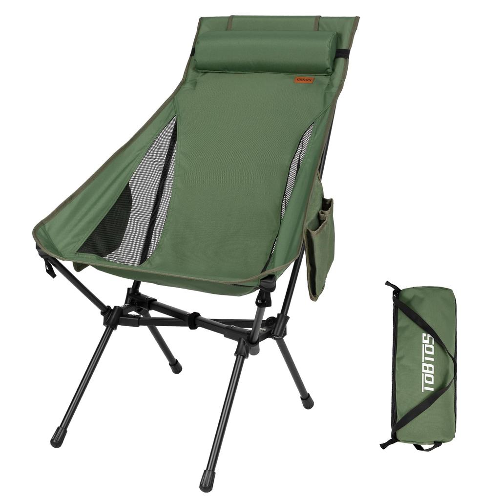 TOBTOS Portable High-Back Camping Chair, 200kg Weight Capacity, Compact, with Removable Pillow, for Camping, Hiking, and Backpacking (Green)