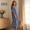Breathable Beach Dress Women V-Neck Striped Dress, Summer Half Sleeve Casual Ankle Daily Length Loose Swing for Vacation Wear Soft