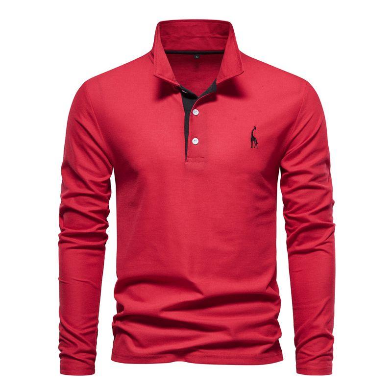 

2025 Casual MEN S Deer Embroidered Long Sleeved Polo Shirt Red XL