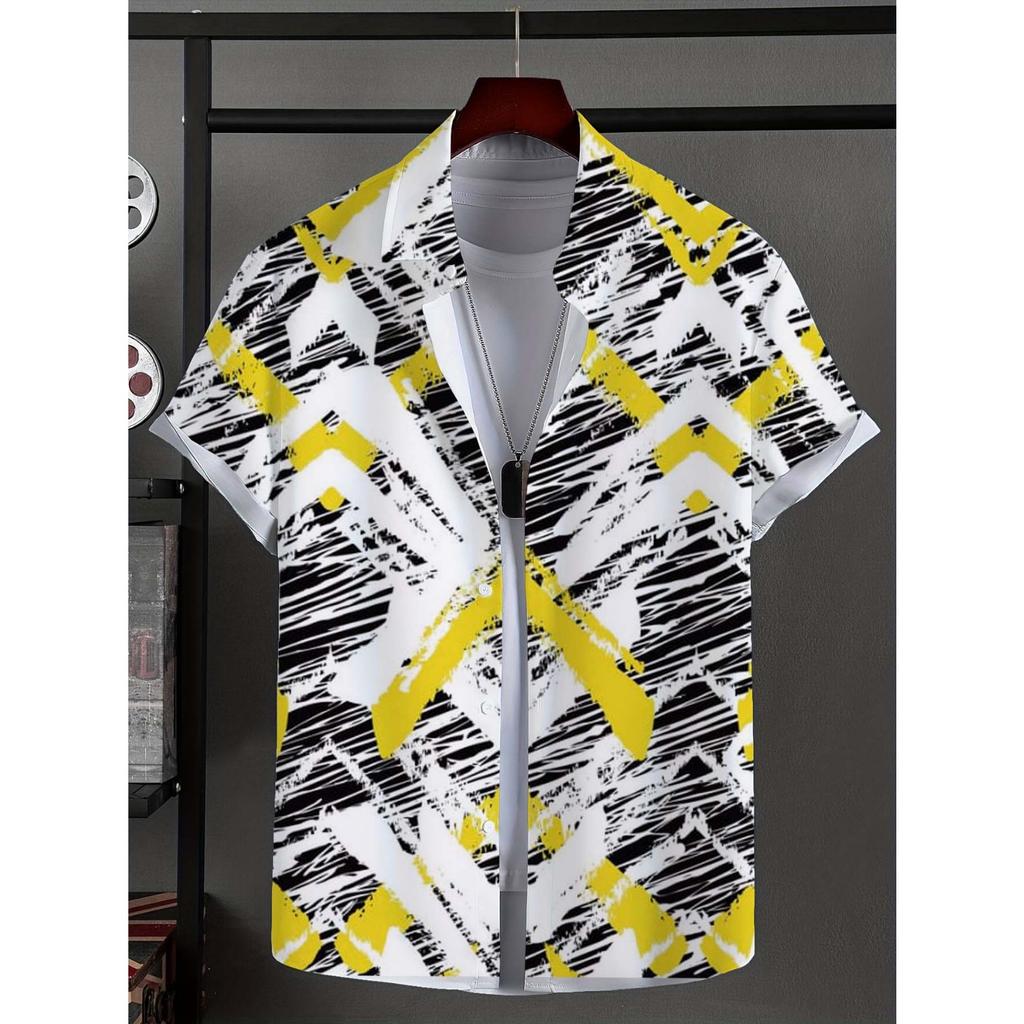 Men's Shirt with Novel Striped Patchwork Pattern Button Up Shirt, Fashionable Unisex Shirt, Vacation Collar Short Sleeved Shirt