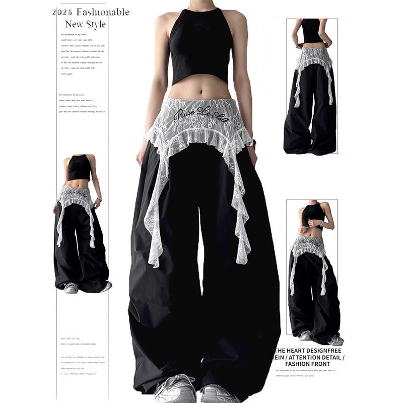 New Spring and Summer Fashion Versatile Lace Splicing Loose Casual Fake Two-piece Wide-leg Tooling Trousers Women's Tide
