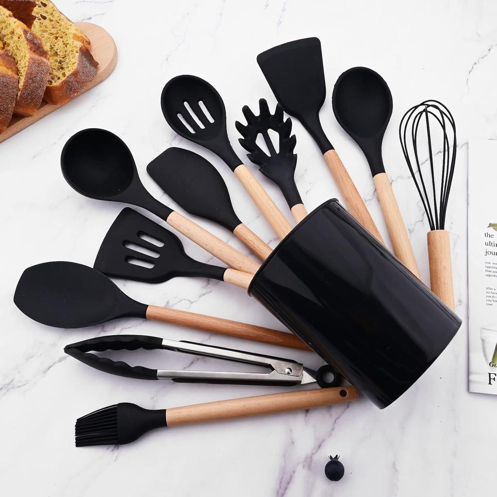 1pcs Black Silicone Balloon Whisk,Heat Resistant Non Scratch Coated Kitchen Whisk with Wooden Handle for Blending Whisking Beating Stirring Cooking