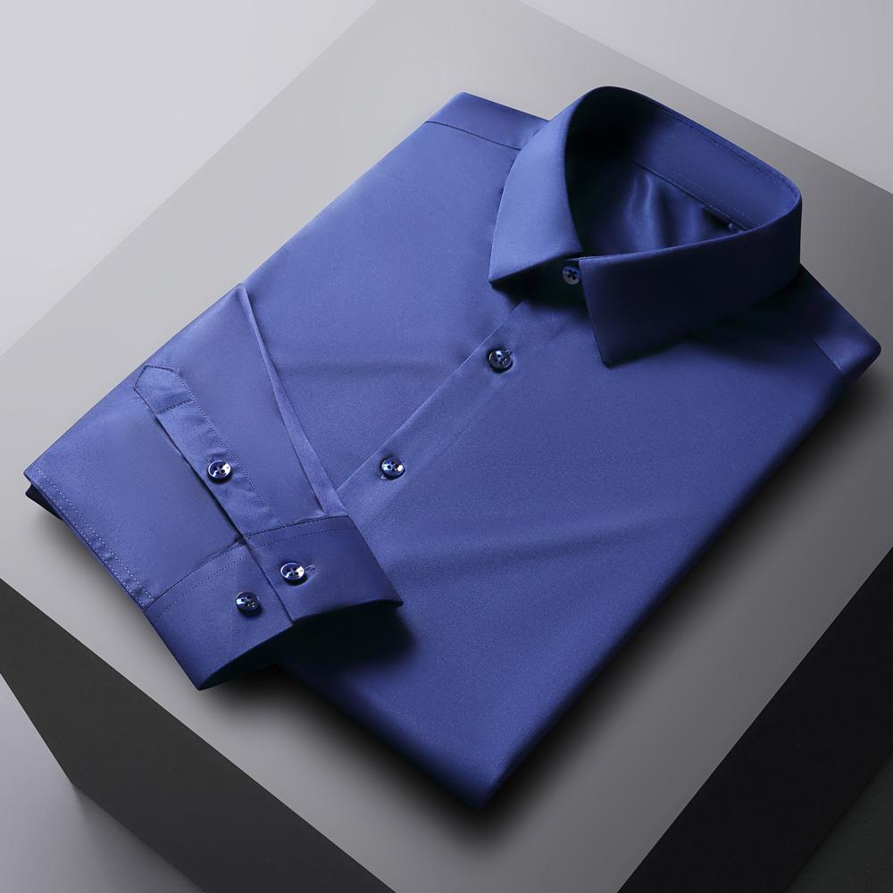 

Мужская однотонная немнущаяся рубашка с длинным рукавом и эластичной тканью, шелковисто-гладкая, приятная к коже, простая в уходе, формальная мужская одежда, рубашка на пуговицах 44 темно-синий