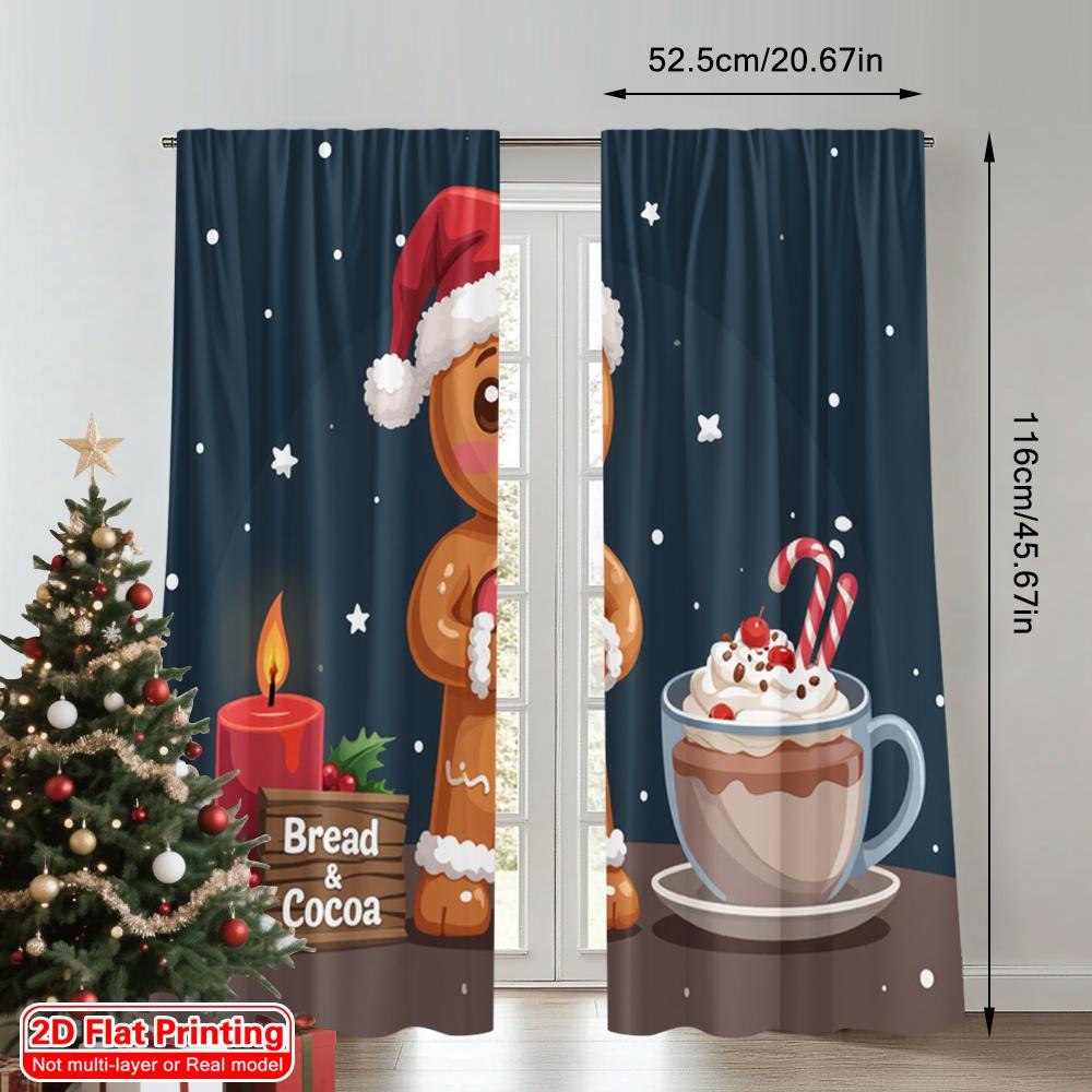2pcs 2D flat printing Merry Christmas Popular Curtains Gingerbread man with hot cocoa and candle Polyester Without Electricity