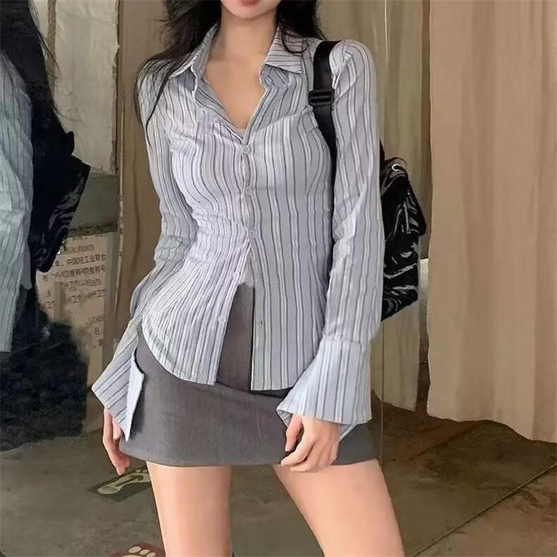 Women's Blue Striped Shirt Slim Fit Waist Design Ladies Blouse Spring and Autumn Casual Versatile Single Breasted Cardigan Top