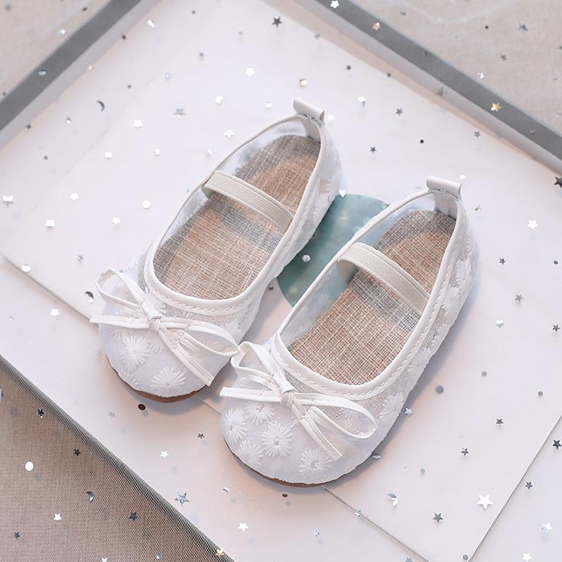 Girls Floral Embroidery Mesh Mary Jane Flats With Bow 21 белый