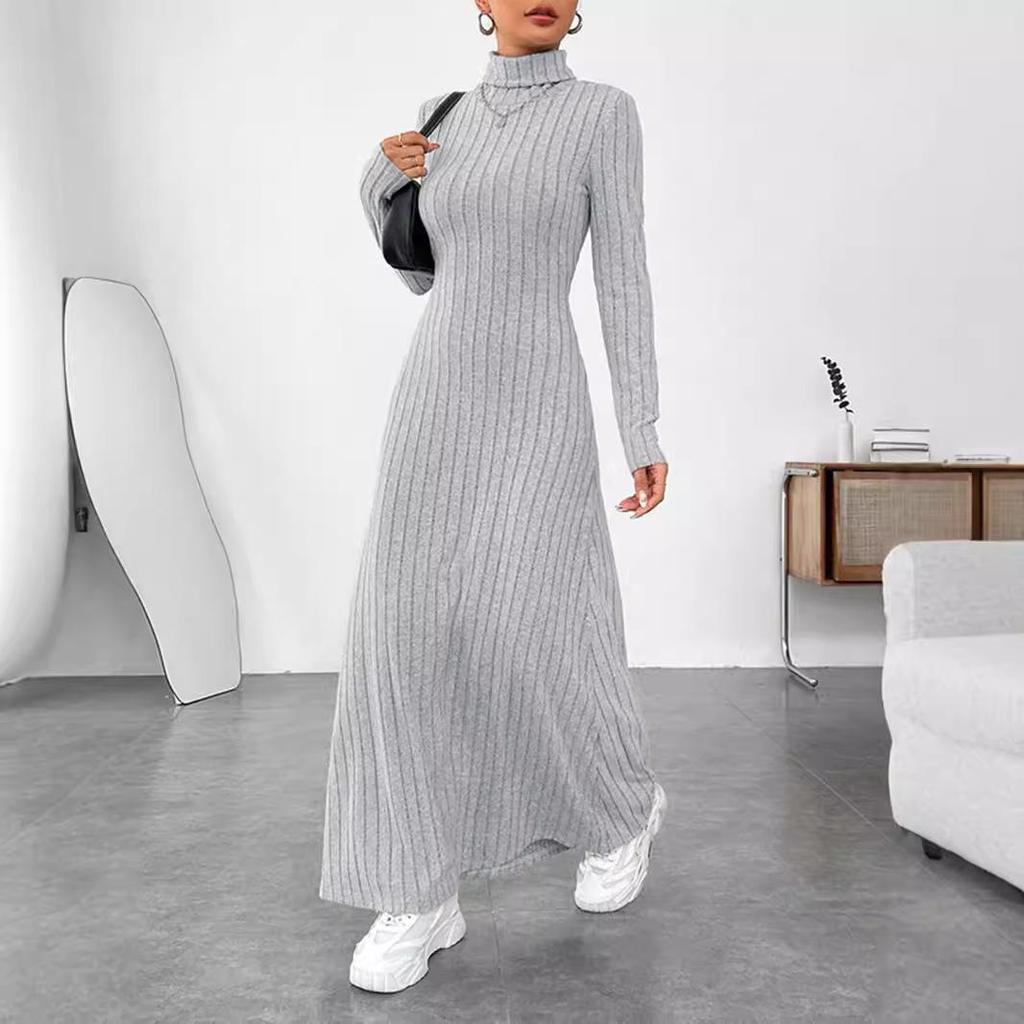 Fashion Slim A-line Maxi Dress for Women Autumn Winter Solid Turtleneck Collar Bodycon Dress Long Sleeve Elastic Knitted Dresses