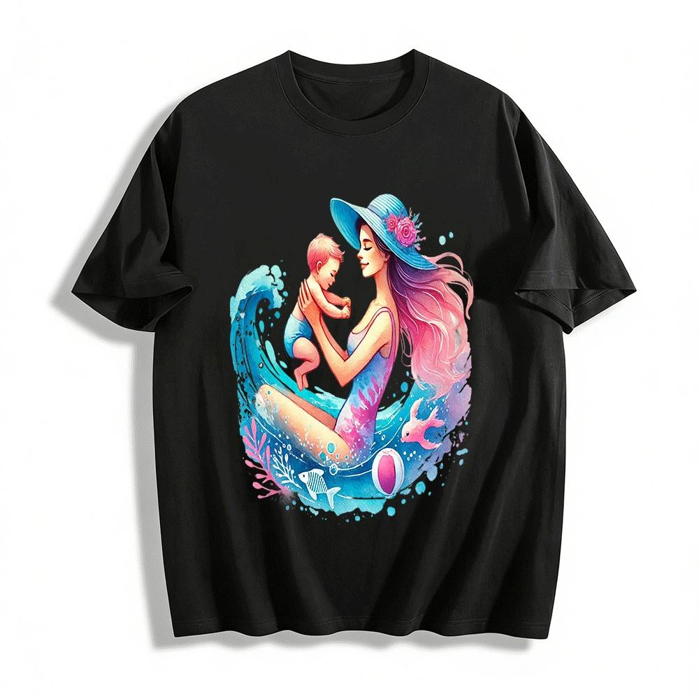 Seaside Mother And Baby Print Casual Adult T-Shirt Pure cotton T-shirt XXS