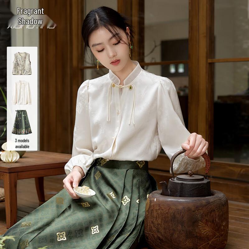 Xiangying Women s New Chinese Style Jacquard Stand Collar Long Sleeve Shirt S