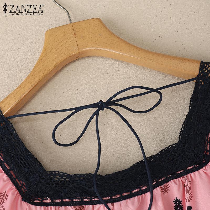 ZANZEA Women Summer Lace Splice Square Collar Short Sleeve Print Blouse
