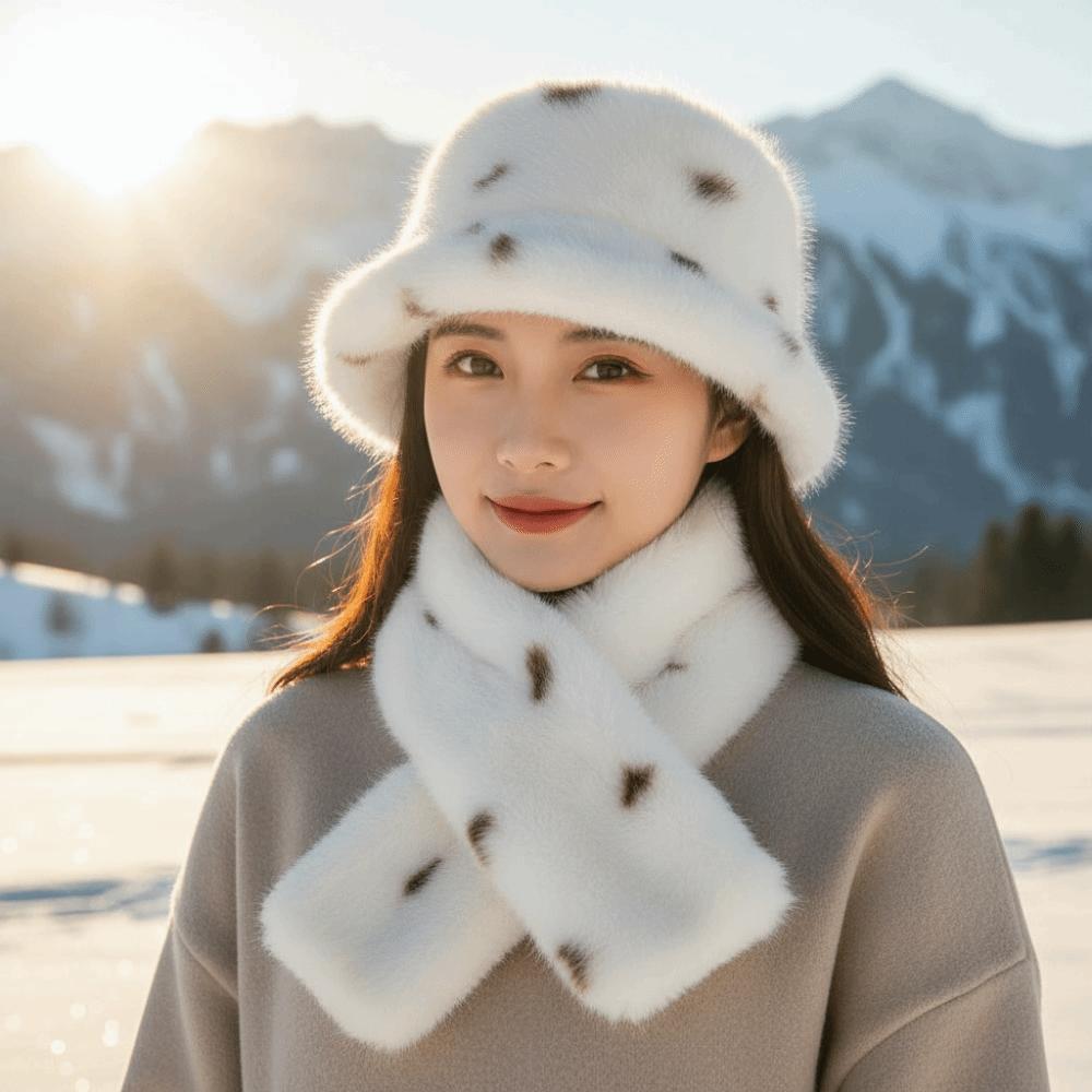 Cozy Skin Friendly Spotted Bucket Cap Thick Warm Plush Neck Warmer Leopard Scarf Outdoor Travel