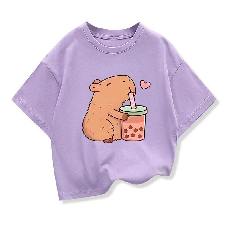 Capybara Print 100Cotton Tshirt For Kids 312Years Girl Anime Short Sleeve Tees Tops 2025 New Children Crewneck Loose Tshirt
