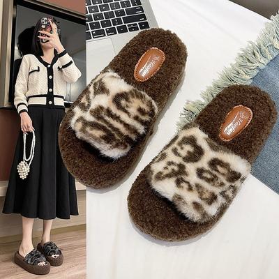 Autumn and Winter Leopard Print Fluffy Slippers Women, European and American Fashion Outer Wear Fluffy Slippers Thick-soled Home Non-slip Plush Slippe