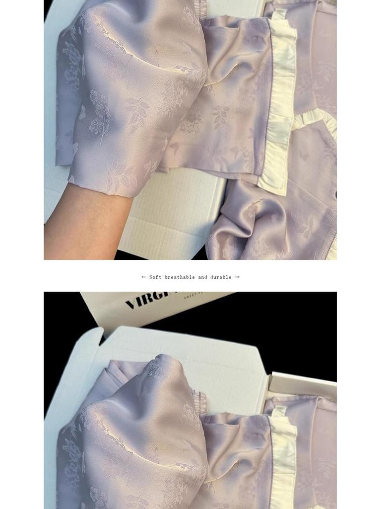 French Floral Ice Silk Long-Sleeve Ruffle Pajamas for Women - Spring & Autumn