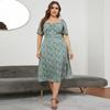 Plus Size Women Summer Floral Long Dress French Square Neck Waist Slit XL To 5XL