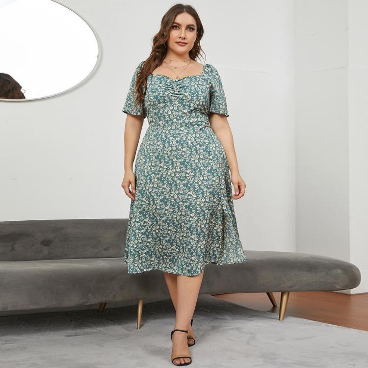 Plus Size Women Summer Floral Long Dress French Square Neck Waist Slit XL To 5XL