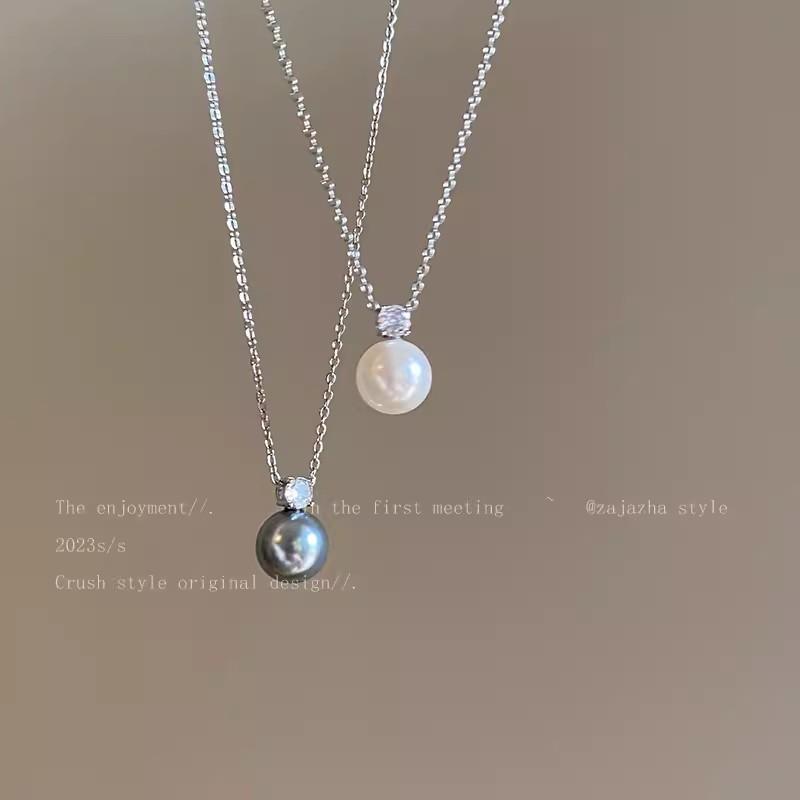 Single Gray Pearl Zircon Pendant Necklace Women's Autumn and Winter Niche High-end Clavicle Chain Simple Neck Chain Accessories