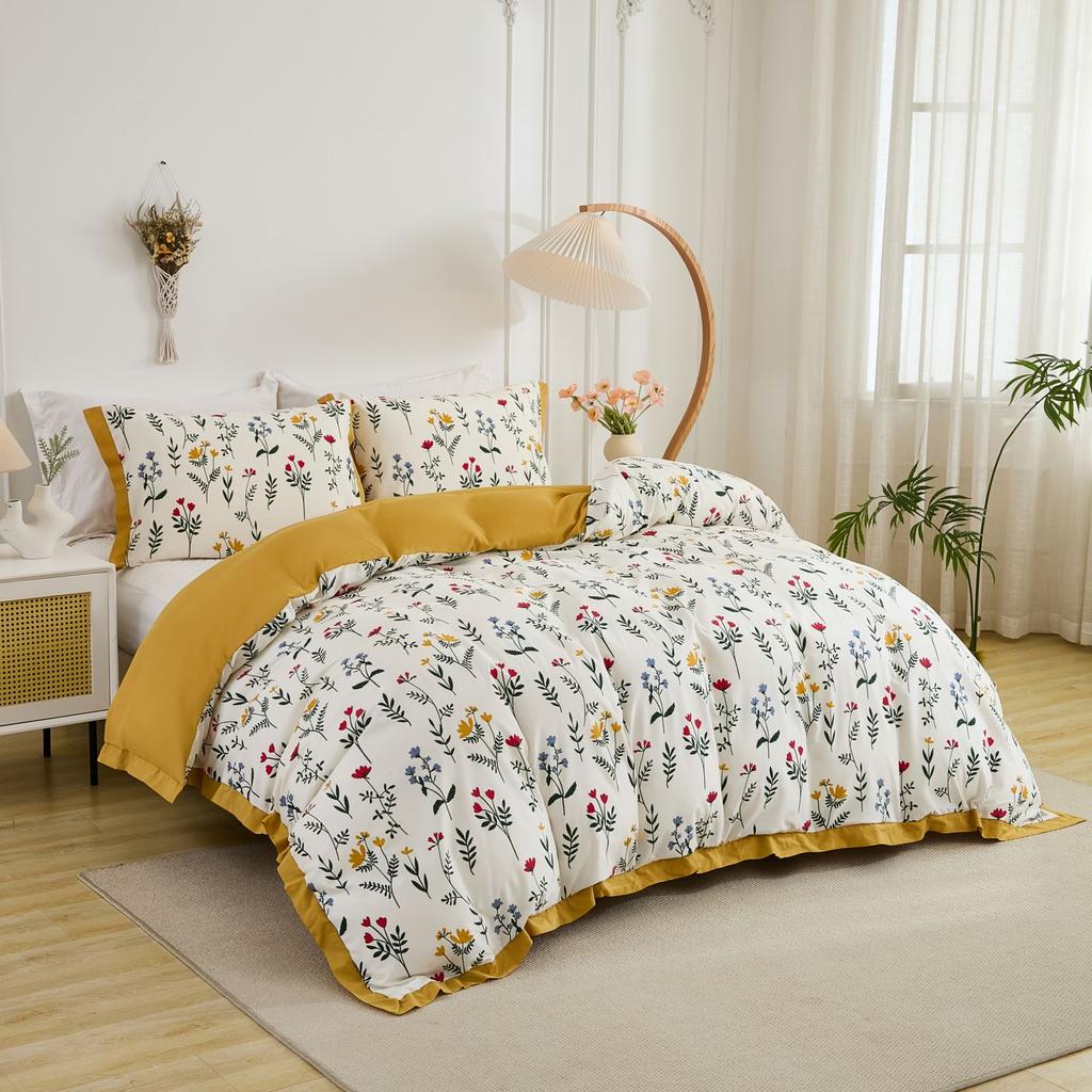 3PCS Yellow Duvet Cover Set FLoral Comforter Cover Tassel Country Bed Set Soft Lightweight Down Bedding Set for All Season