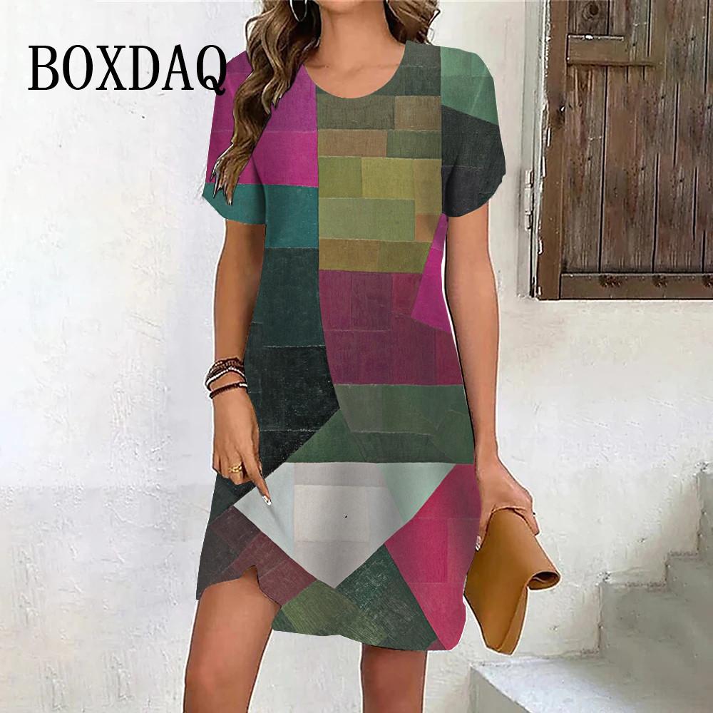 Spring Summer O-Neck Loose Dress Casual Geometry Printing Ladies Short Sleeve Fashion Plus Size Dresses Women Vintage Clothing