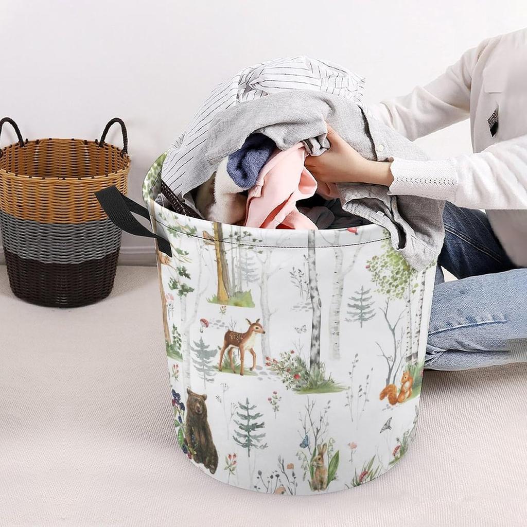 Woodland Animals Laundry Basket,Collapsible Clothes Hamper Waterproof Forest Fox Bear Deer Storage Basket with Handle Kids Room Jungle Deer Laundry