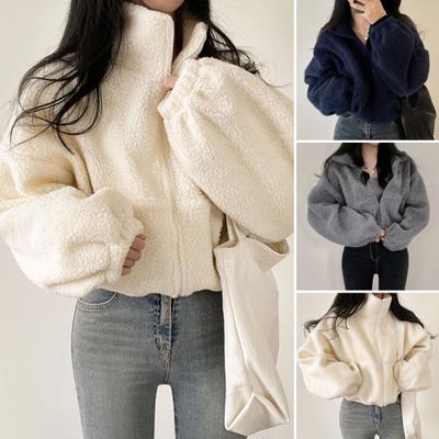 Women Winter Coat Thick Fleece Stand Collar Neck Protection Zip-up Short Type Cardigan Long