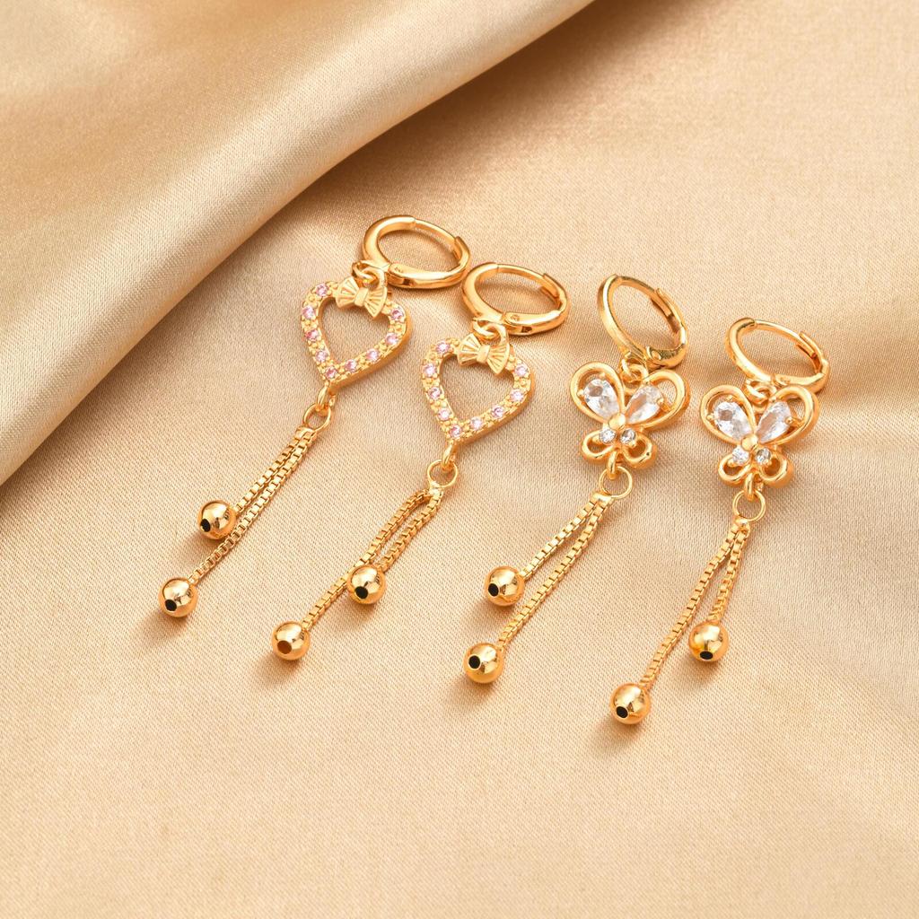 Gold Color Heart Butterfly Drop Earrings for Women Zircon Tassel Ball Hoop Party Wedding Gift Trendy Statement Earrings