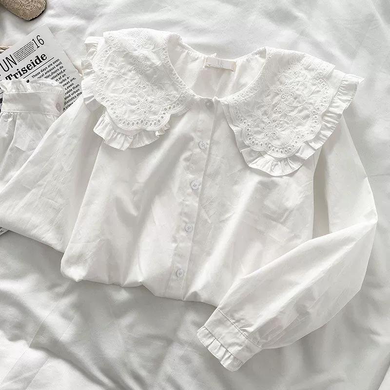 Preppy Style Peter Pan Collar White Shirt Women Spring Summer Long Sleeve Casual Loose Student Blouses Kawaii Button-Up Shirts