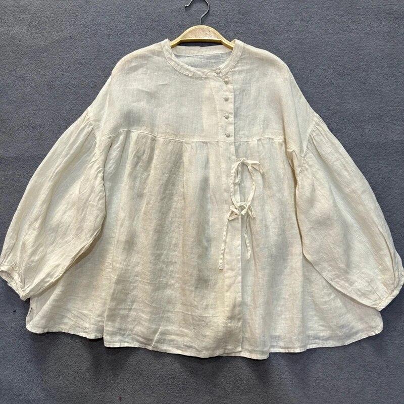 Johnature Spring Autumn Vintage Literary Slanted Lace-up Shirt Loose Tops Simple Solid Color Women Shirts