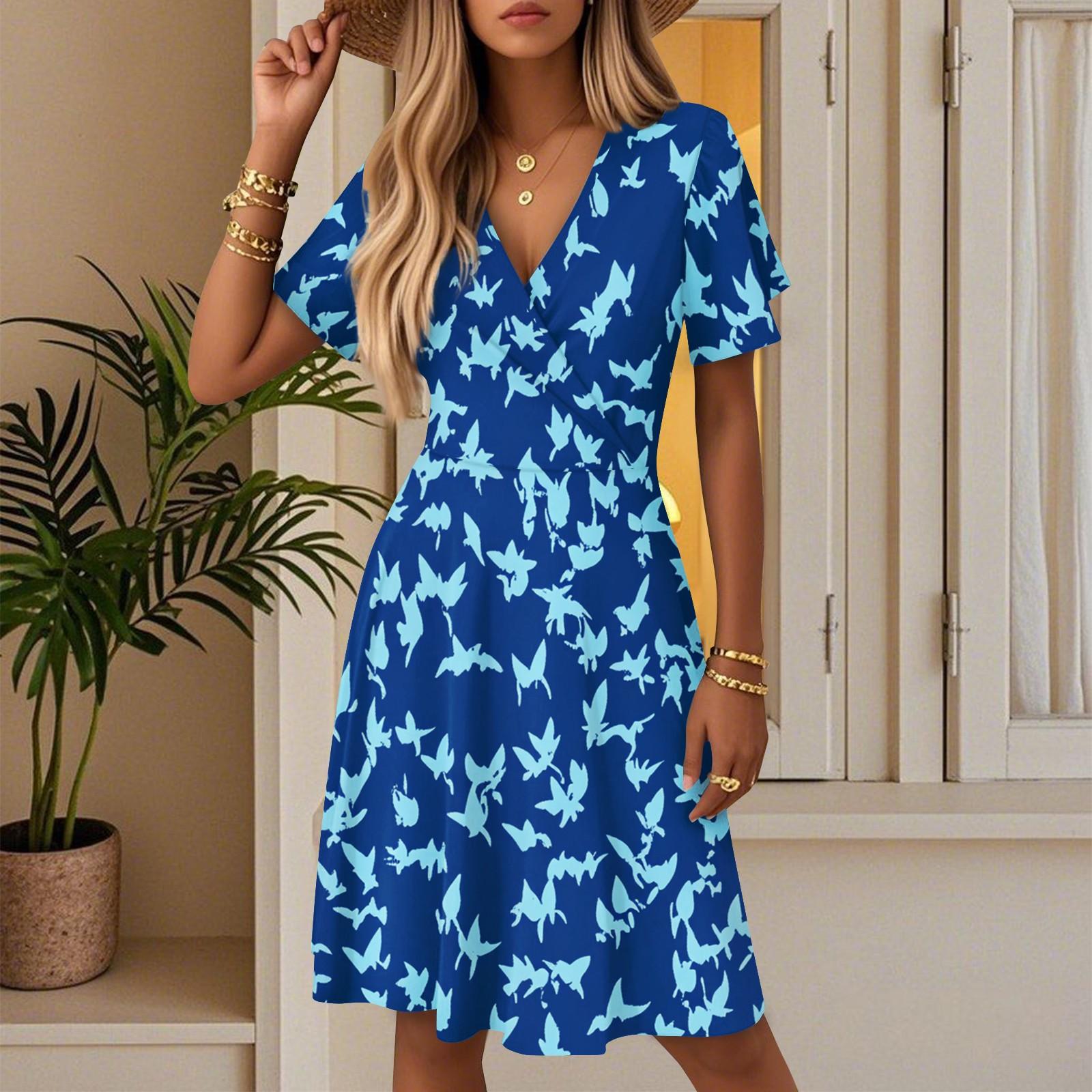 

Women s Summer Fashion Leaf Print Dress Casual Beach A-line V-neck Loose Sundress L синій