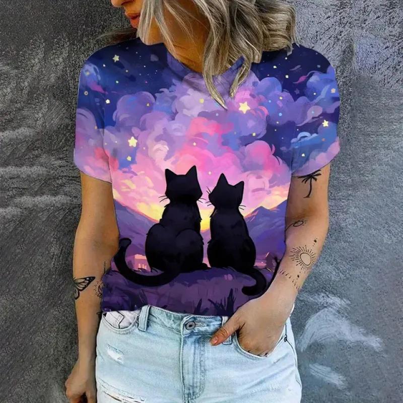 

2024 Элегантная женская футболка Модная футболка с рисунком котов Популярная женская футболка с короткими рукавами Летняя футболка большого размера M