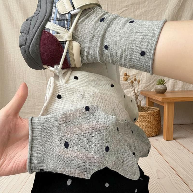 Women's Retro Polka Dot Gray Cotton Mid-Calf Socks - Breathable, Rolled Hem, Ballet Style for Spring & Autumn