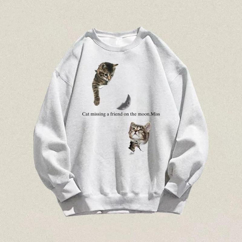 Cat Printed Round Neck Women's Hoodie Long Sleeved Loose Fitting Woman Pullover Autumn New Fashionable Versatile Top