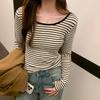 Contrast Color Striped Large Round Neck Long-sleeved T-shirt for Women In Autumn New Elastic Slimming Inner Layered Shirt Top