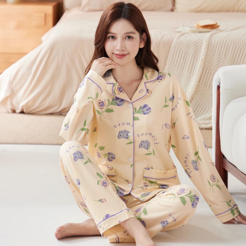 Plus Size Floral Pajama Set: Spring & Autumn, Long Sleeve, Comfortable Japanese Style for Middle-Aged Moms, Indoor/Outdoor Wear