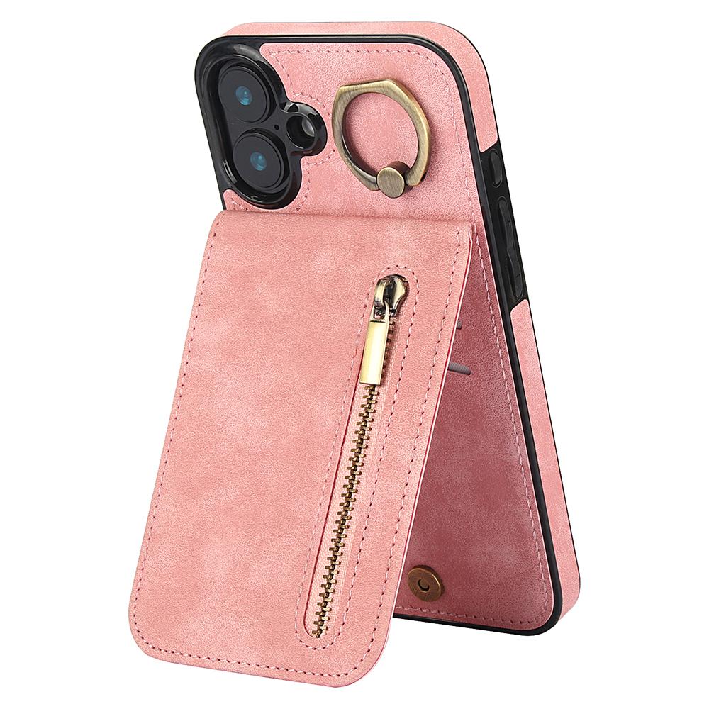 For iPhone 16 Plus Case RFID Blocking Ring Kickstand Retro Leather+TPU Anti-Fall Phone Cover